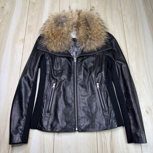 Soia & Kyo Black 100% Lambskin Leather Slim Fit Jacket Raccoon Fur - Size Medium